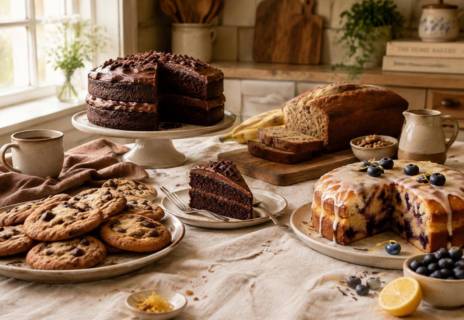 Homemade cakes and cookies on a kitchen table